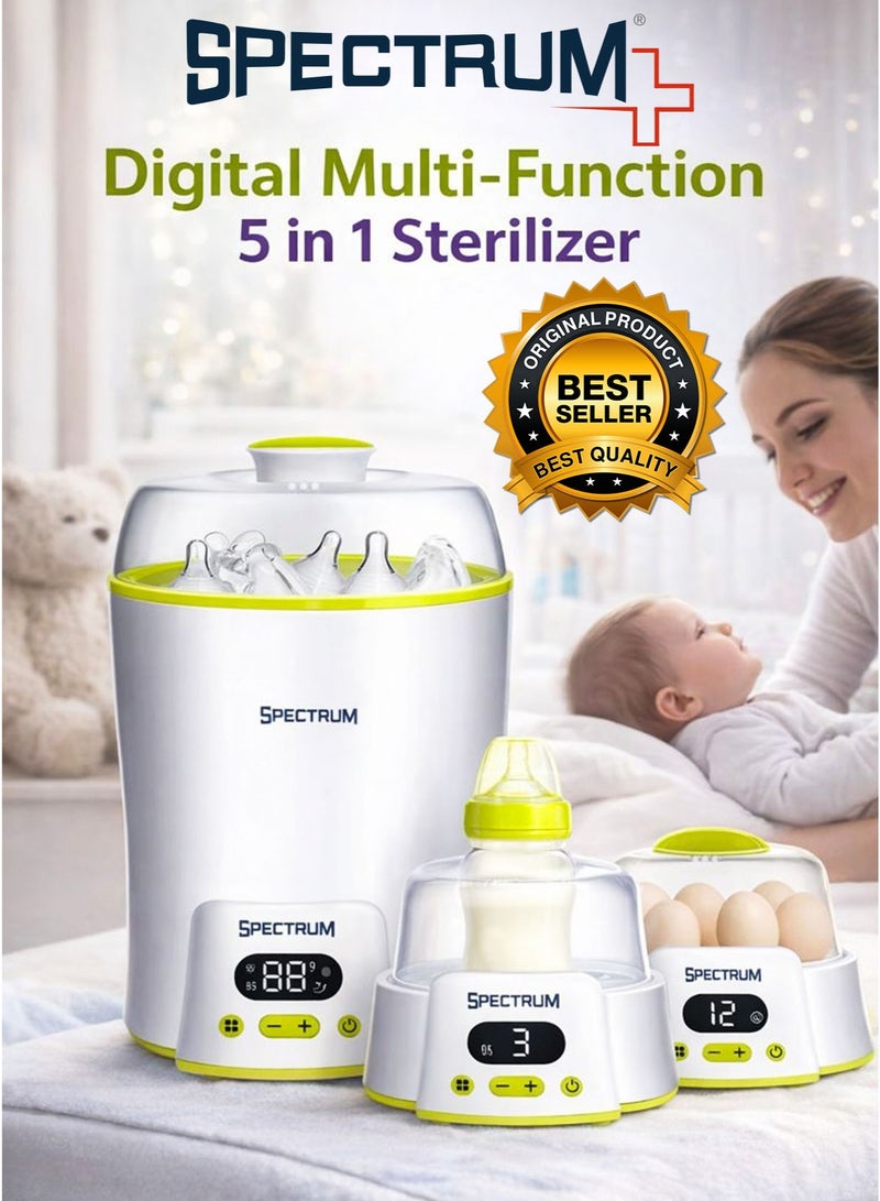 سبيكتروم جهاز تعقيم وتسخين زجاجات الرضاعة بالبخار متعدد الوظائف 5 في 1، رقمي، مناسب للأطفال حديثي الولادة والرضع. تعقيم بالبخار خالٍ من المواد الكيميائية، مصنوع من مادة البولي بروبيلين الآمنة غذائيًا والخالية من مادة BPA. يُعقم زجاجات الرضاعة، والحلمات، والأغطية، واللهايات، وأجزاء مضخة الثدي. يتسع لما يصل إلى 8 زجاجات قياسية أو 6 زجاجات ذات عنق عريض. يتميز بتسخين الحليب بسرعة عالية، ووظيفة الحفاظ على دفء الحليب، وجهاز تبخير طعام الأطفال، وجهاز سلق البيض مع رف للبيض. - Image 1